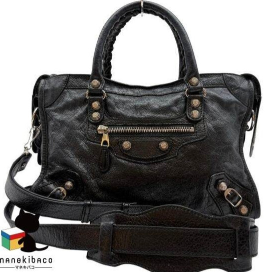 BALENCIAGA Le City Small Black Lambskin Giant Studs 2Way Shoulder Bag Auth