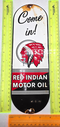 RED INDIAN MOTOR OIL 12" VINTAGE Gas Pump Service Station Dealer Porcelain Sign