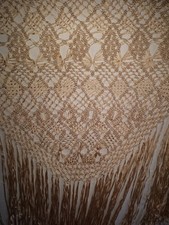 Vintage Large Hand Knotted Silk Wrap IVORY Piano Shawl 20 inch Fringe Ribbon