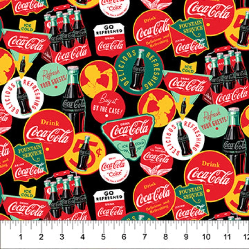 PLATINUM SO N SEWS Coca Cola Labels Through the Years-Black B/G-Northcott Fabrics-BTY