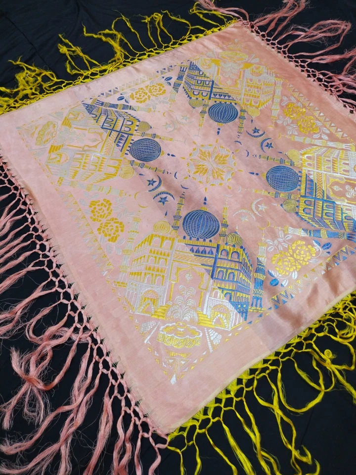 Mantón brocado de seda vintage diseño Taj Mahal piano flecos envoltura boho oriental 1565 Foto 2 de 4