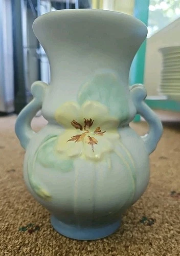 Weller Pottery Double Handle Vase Rare  Blue Flower