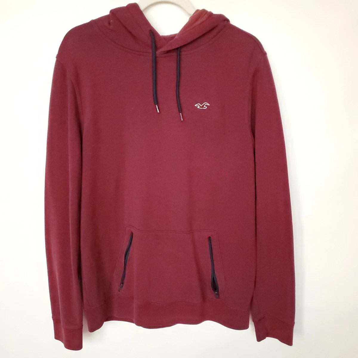 Hollister Hoodie Men's Large Burgundy Zipper Pockets Pullover Sweatshirt  Logo