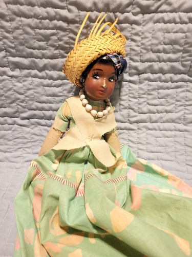 Vintage Folk Art Caribbean Black Doll Cloth Body & Hand Painted Plaster/Ceramic - Picture 2 of 8