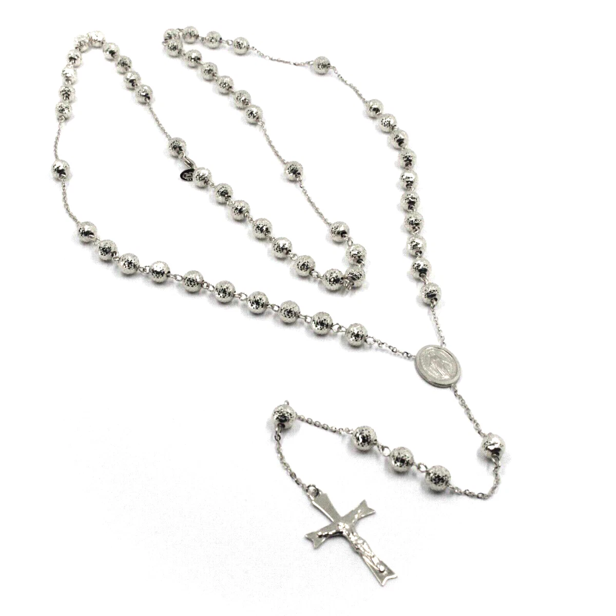 18K WHITE GOLD ROSARY NECKLACE MIRACULOUS MEDAL JESUS CROSS