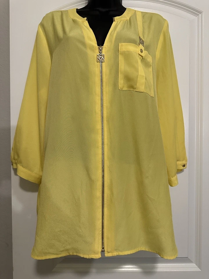Anne Klein Manga 3/4 Cremallera Top Amarillo Dorado Cremallera/logotipo Talla Grande Foto 4 de 4