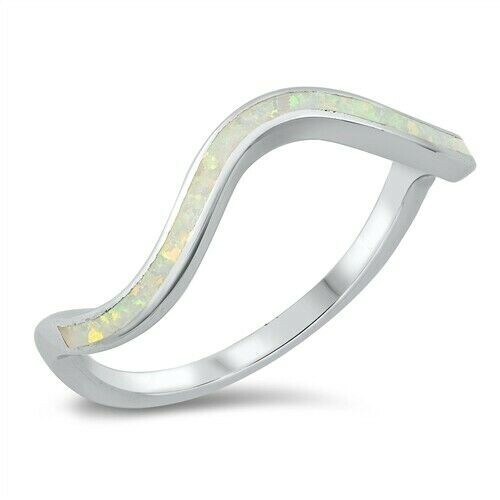 Wavy Ring Genuine Sterling Silver 925 White Lab Opal Face Height 5 mm Size 9 - Picture 1 of 1