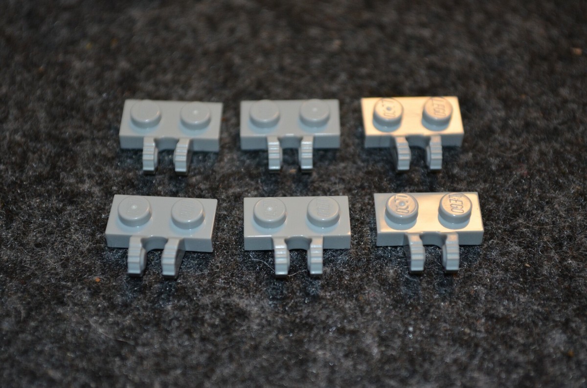 6) 1x2 Light Gray Plate with Clicker Ratchet Hinge Clamp Bricks