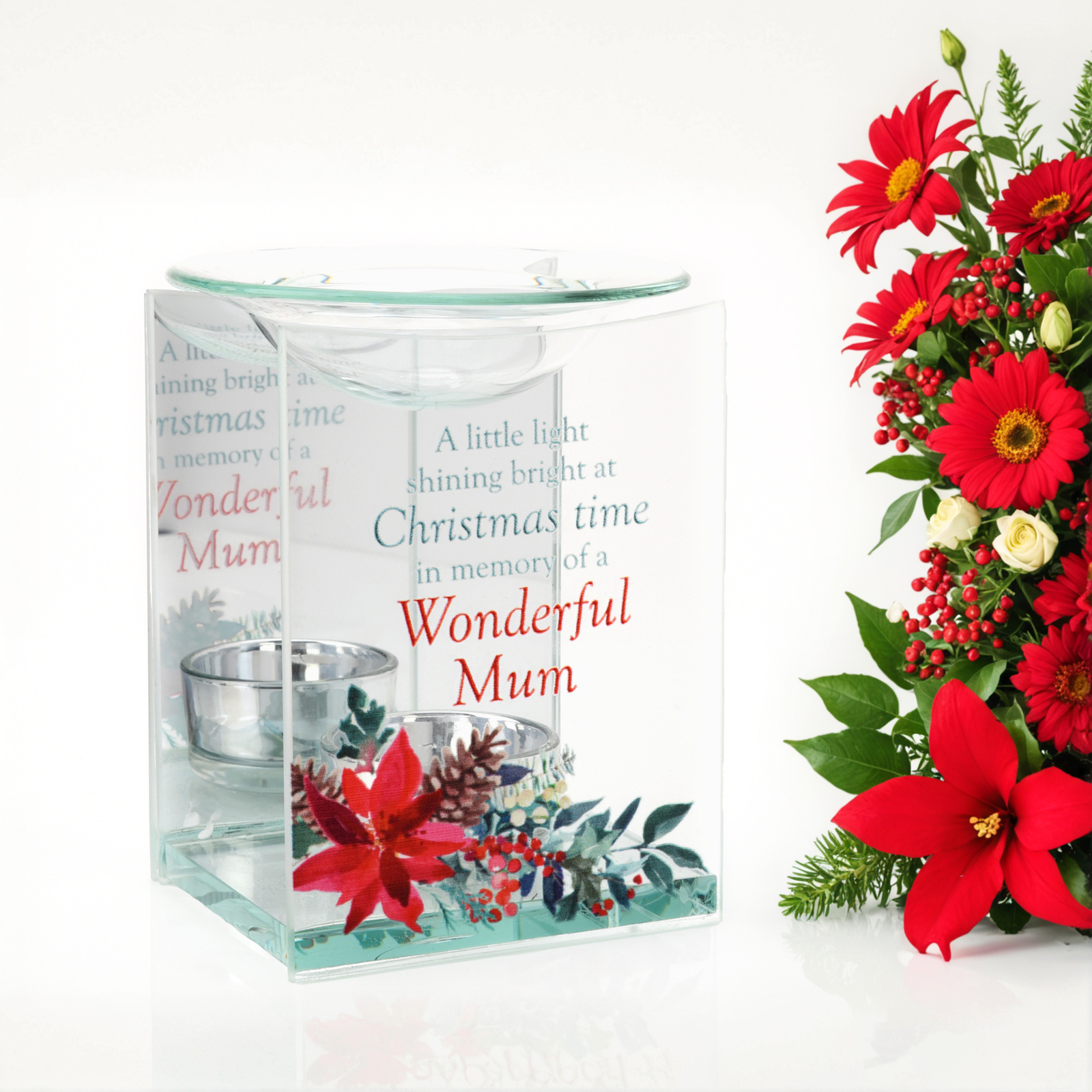 Mum Glass Christmas Oil Burner Memorial Tealight Holder Festive Tribute Ornament