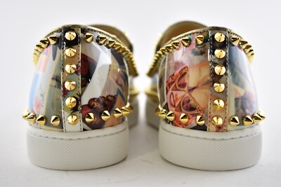 Christian Louboutin Pik Boat Patent Collage Black Gold Spike Flat