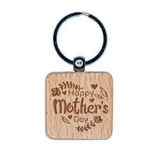 Happy Mother's Day Heart Shaped Flower Border Engraved Wood Square Keychain