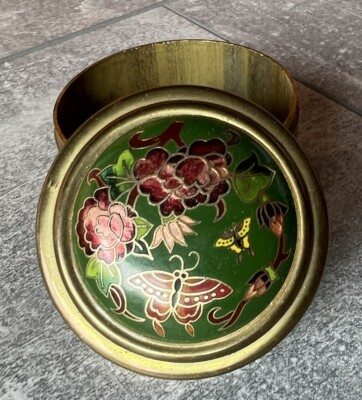 Vintage Brass Fetco Asian Trinket Box Enamel Cloisonné Lid Hand Made In Taiwan