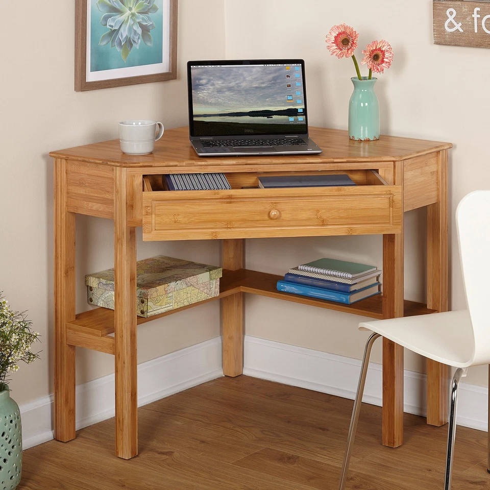 Escritorio esquinero de bambú Simple Living Marketing Systems con un cajón y un almacenamiento Foto 2 de 3