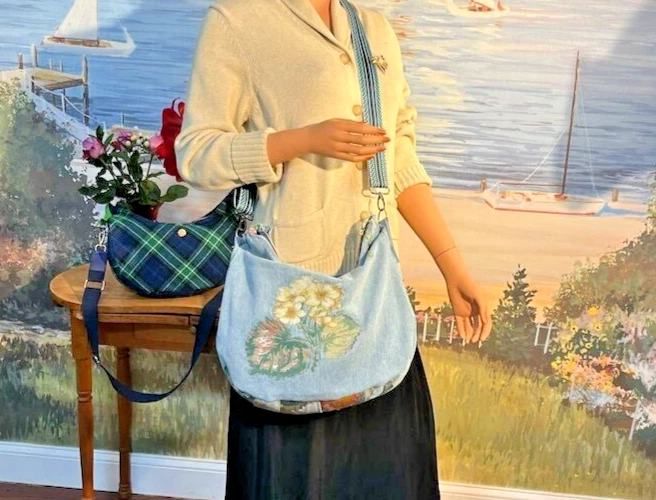 Bolsa de ombro jeans bordada extra grande feita à mão tecido vintage - Imagem 2 de 4