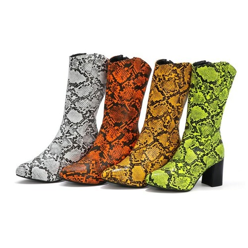 Women's Symthetic Leather Mid Calf Boots High Heels Side Zipper SnakeSkin Shoes