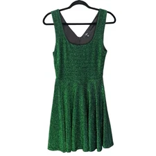 Lulus Best Date Ever Green Metallic Skater Mini Dress Womens Size Small
