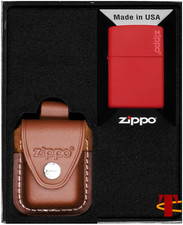 ZIPPO® Feuerzeugset: Rotes Logo, winddicht, mit Lederetui & Clip in Geschenkbox