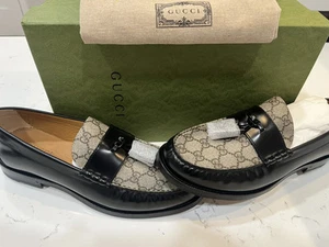 Chaussures mocassins en cuir Gucci homme logo GG noir/beige 13 US/12 UK neuves ???