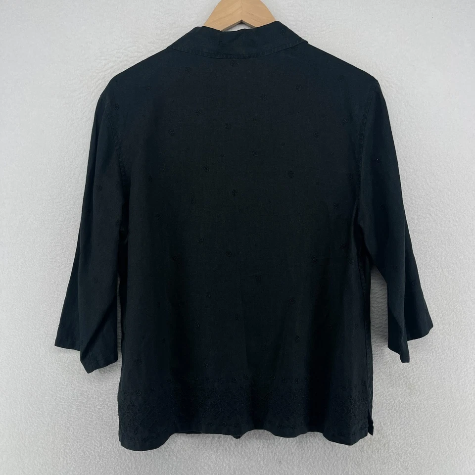 TALBOTS Top S Irish Linen Floral Eyelet Shirt Button Up 3/4 Sleeve Woven Black - Image 2 of 4