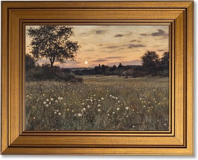 Vintage Gold Framed Meadow Sunset Canvas Wall Art Twilight Firefly Nature Pai...