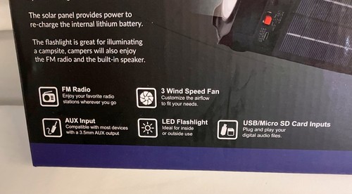Solar Power Bluetooth Lautsprecher ~ FM Radio ~ LED Taschenlampe ~ Ventilator ~ Wiederaufladbar Neu im Karton - Bild 2 von 3