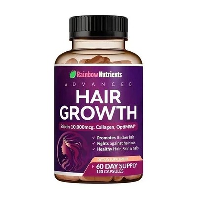 Rainbow Nutrients Hair Growth Vitamins w/ Biotin 10,000mcg &Collagen 120Capsules