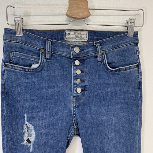Free People Jeans Woman 27 Button Fly Distress Holes Skinny Ankle Raw Hem - Picture 2 of 9