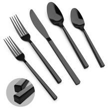 Cubic Black 20-Piece Silverware Set, 18/10 Forged Stainless Steel Flatware, M...