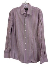 Harry Rosen Mens L Casual Button Up Shirt Olive Green Pink Striped Cotton Italy