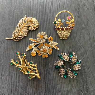 5 Vintage Rhinestone Brooch Pins Statement Silver & Gold Tone Statement Lot of 5