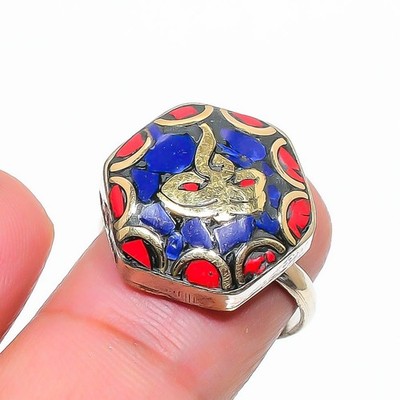 Lapislazuli Koralle Edelstein Verstellbar Ring Tibetisches Silber Nepali Schm...