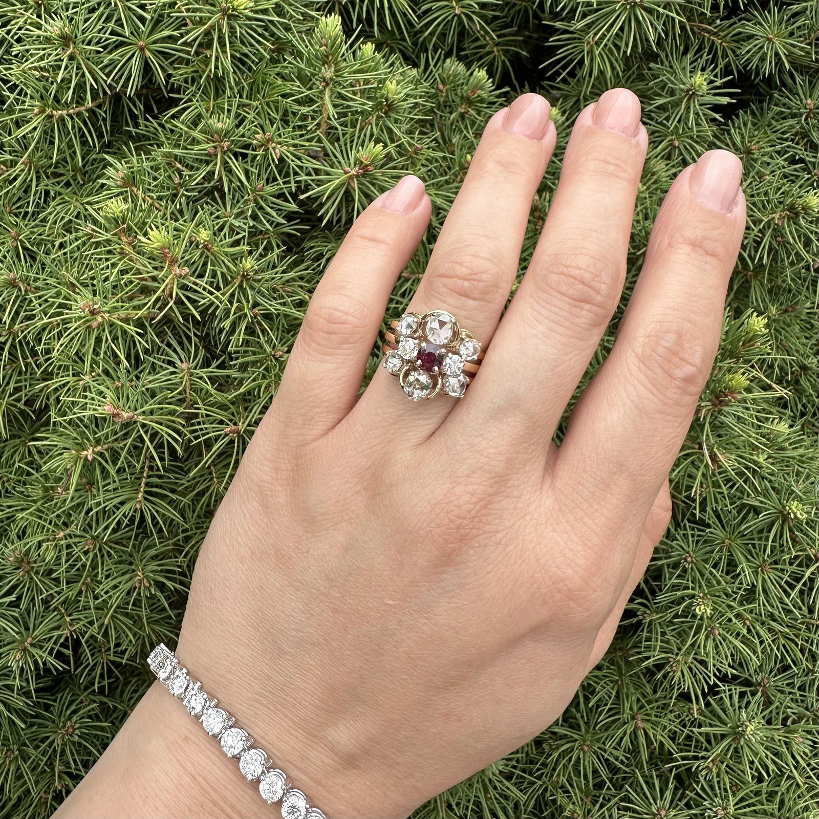 Solid Yellow Gold Round Ruby W/ Large Rose & Old … - image 7