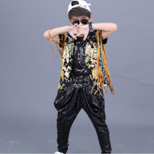 Boy Kids Sequin Waistcoat Blazer Tassel Costume Top Jazz Dancewear Shiny Glitter