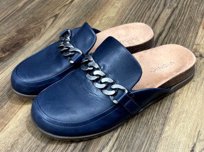 Vionic Georgie Leather Mules Slip On Chain Navy Womens 9.5