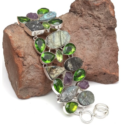 Labradorite Drusy Peridot Gemstone Women's Jewelry Bracelets 7-8 '' - Picture 6 of 10