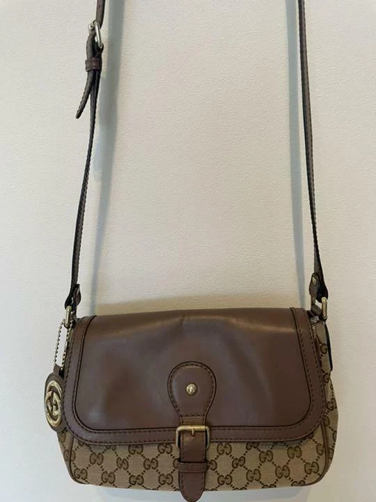 Auth Gucci Handbag Shoulder Bag Beige Purple GG Canvas Leather Italy