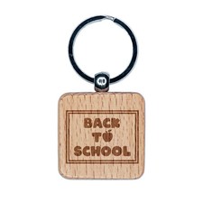 Back to School Text Apple Engraved Wood Square Keychain Tag Charm