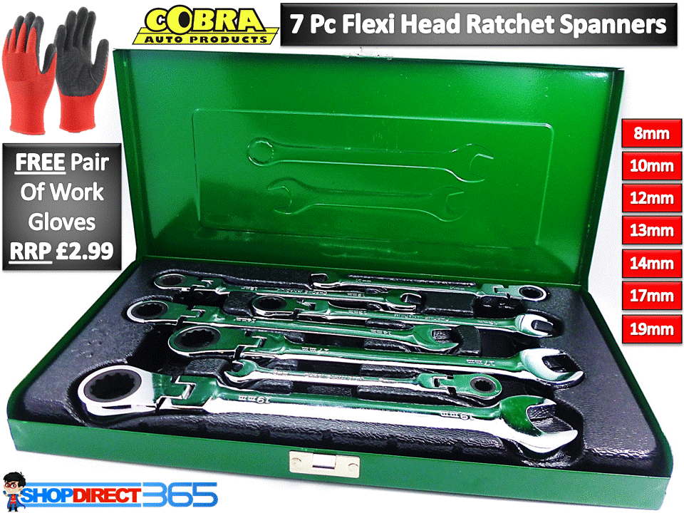 10pc PRO QUALITY FLEXI RING SPANNER SET ratchet metric combination 10mm 19mm