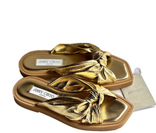 Jimmy Choo Tropica Knotted Metallic Leather Flat Slide Sandal Gold EU36.5/US 6.5