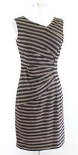 Tahari ASL Levine Black Tan Striped Asymmetric Neckline Ruched Sheath Dress Sz 4