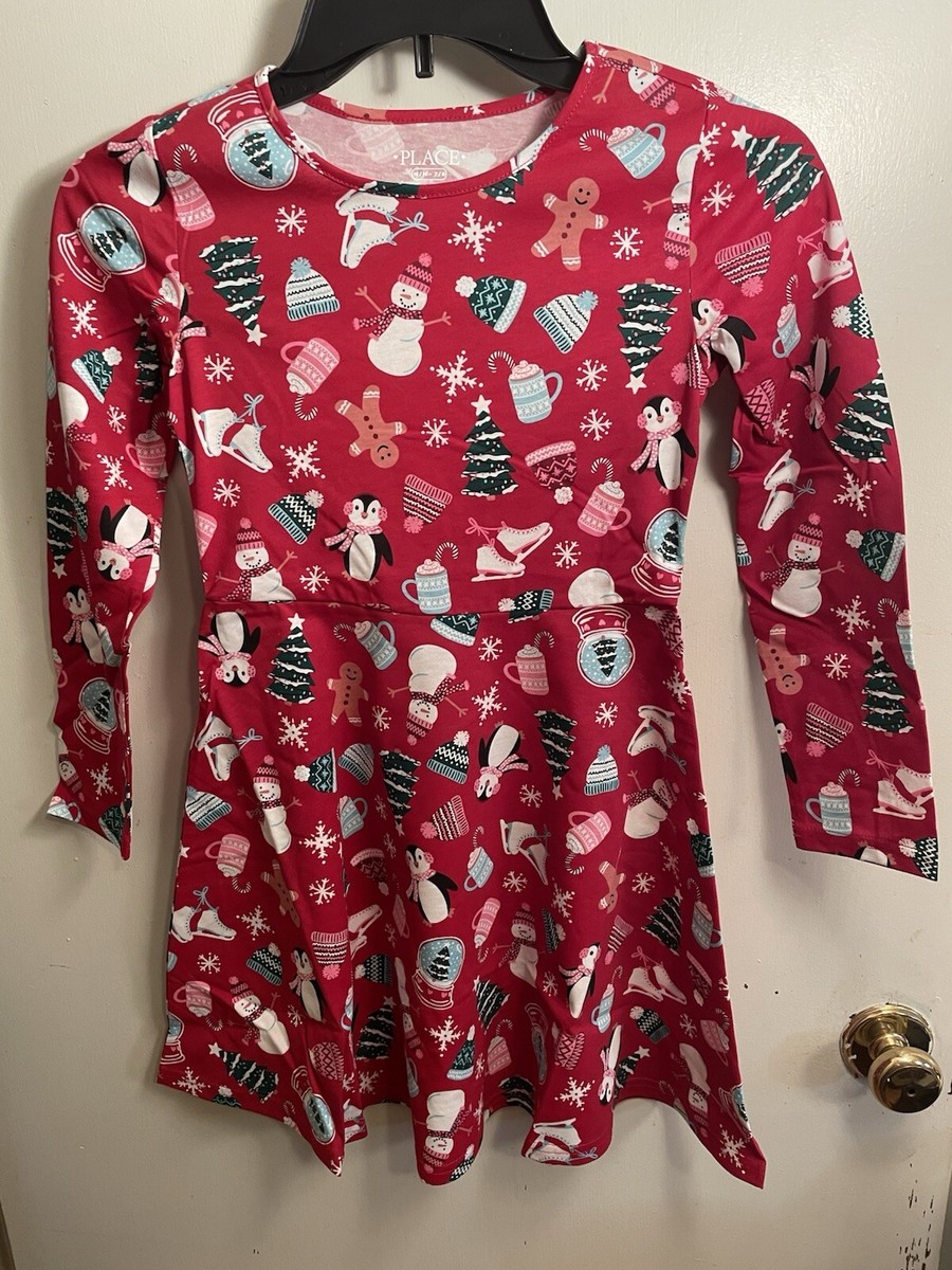 the children's place christmas dress Girls Mix And Match Long Sleeve Christmas Print Knit Skater Dress - RED