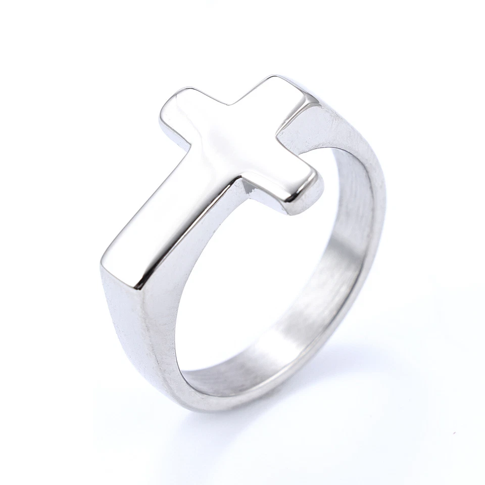 Anillo de acero inoxidable para hombre bandas de compromiso cruz anillo religioso para hombre regalo Foto 3 de 4