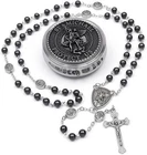Hematite Rosary Necklace St Michael Archangel Medal Crucifix with Metal Gift Box