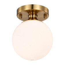 Gold Semi Flush Mount Ceiling Light 5.9" Globe Opal Glass Shade Mid-Century M...