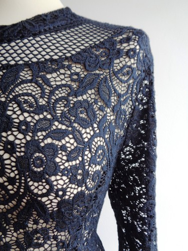 PER UNA Blue Lace Dress Size 16 Sexy Sheer Semi See Through - Picture 5 of 20