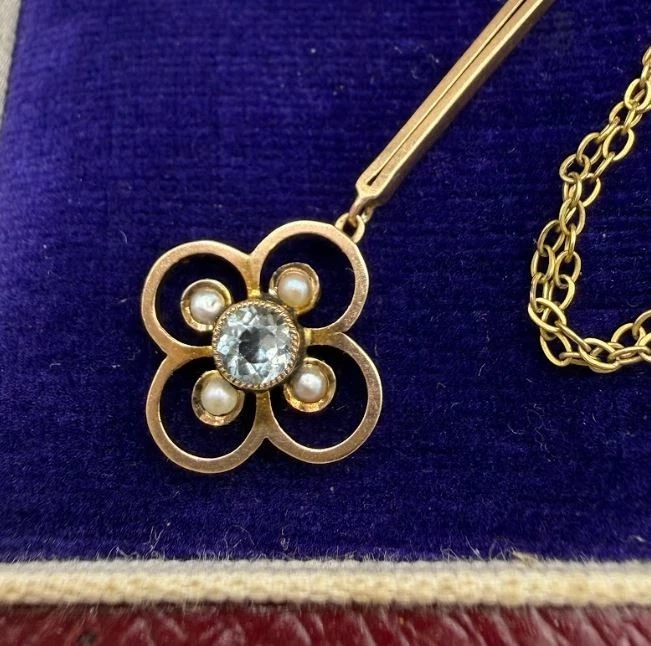 Antiguo collar eduardiano sólido oro amarillo 9k 17" semilla perla lavalier Art Deco Foto 3 de 4