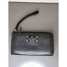 Kate Spade New York Black Pebbled Leather Zip Around Wristlet Wallet Gold Logo