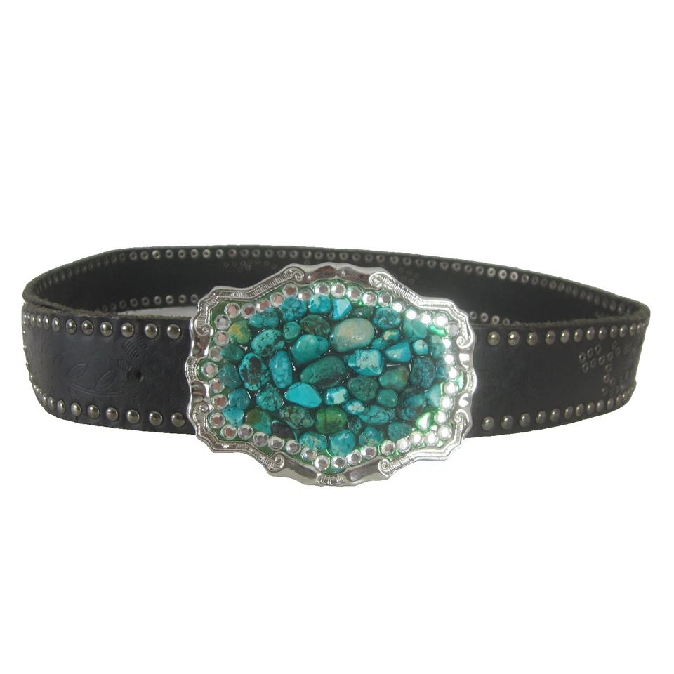 Cinturón para mujer L de cuero negro azul turquesa trozos estrás sin marca Foto 2 de 4