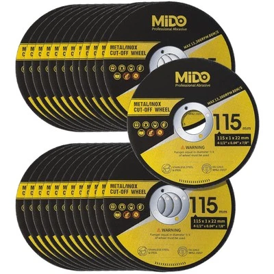 MIDO PROFESSIONAL ABRASIVE Discs 25 Pack 115 mm Ultra Thin 1 mm Metal Cutting Discs for Stainless Steel