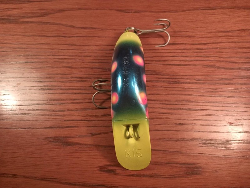EX!! K15 KWIKFISH WITH BLUE BODY, CHARTREUSE HEAD AND BUTT AND CHARTREUSE SPOTS